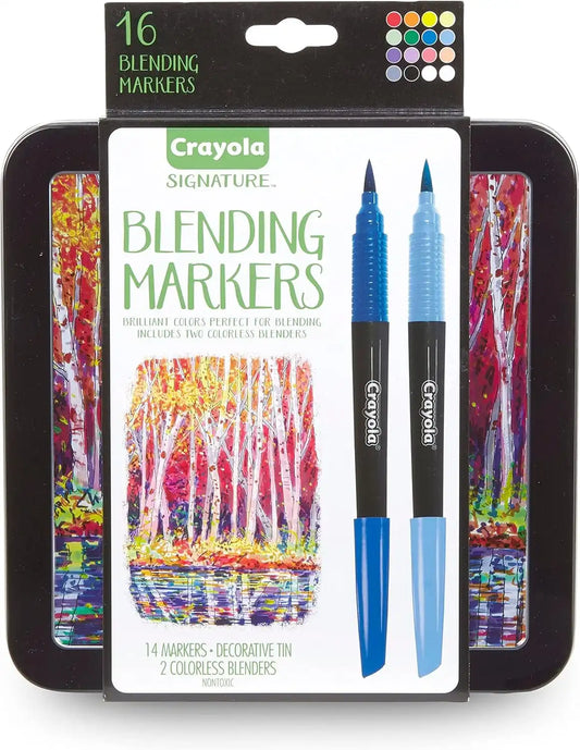 Crayola Blending Marker Kit with Decorative Case, 14 Vibrant Colors & 2 Colorless Blending Markers