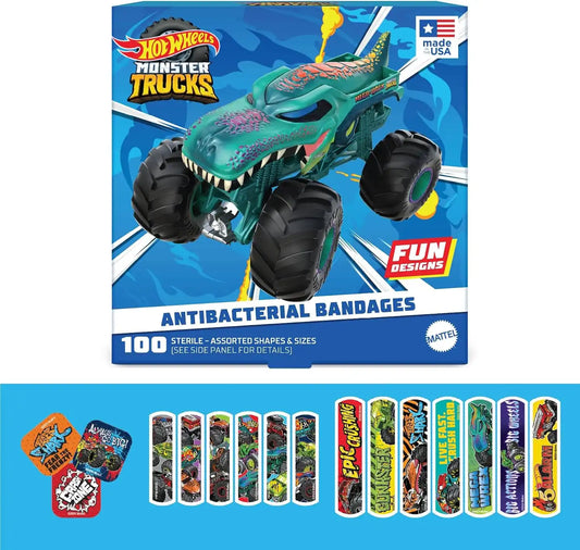 Hot Wheels Monster Trucks Kids Adhesive Bandages, 3 Asst. Sizes, 100 Count